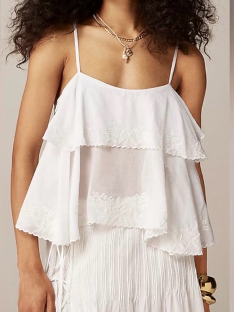 J.Crew White Embroidered Tiered Camisole Top Ruffle Boho Small